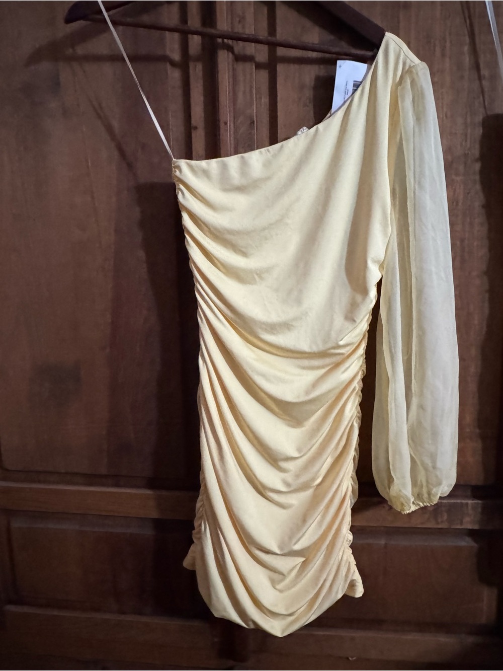 Asymmetrical One-Shoulder Ruched Mini Dress in Pale Yellow